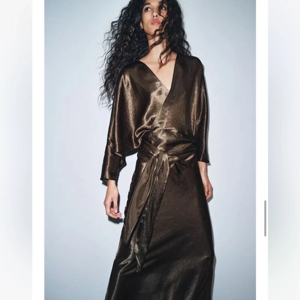 Zara NWT ZW Collection satin effect wrap dress brown 9780/063